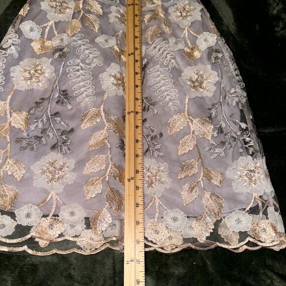 Lucy In The Sky Mini Dress Women's M Purple Gold Floral Mesh Overlay Coquette - Picture 6 of 8